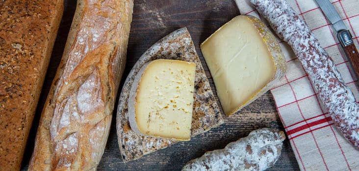 cheeses, sausage and Tomme de Savoie, Savoy, the french Alps France.