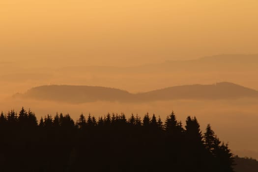 Wooded hills of Giant Mountains in the morning sun and fog, Czech Republic