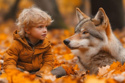 Young boy, in autumnal park, gazes at a wolf. Awe and wonder in the child's eyes. Nature's beauty.