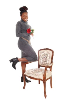 A beautiful young African American woman standing in a gray dress.holding a red rose, isolated for white background.