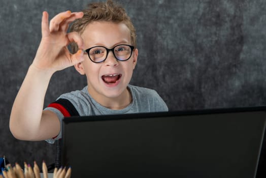 little school boy with a laptop showing OK gesture