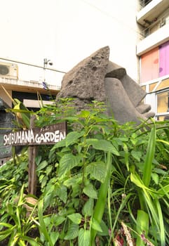 Statue of a Moai head surrounded by tropical flowers at the west exit of Shibuya Station in Tokyo, Japan. This statue was donated in 1980 by the prefecture of Nijima island of Izu archipelago to commemorate the 100 years of the transfer of the island in Tokyo Prefecture.