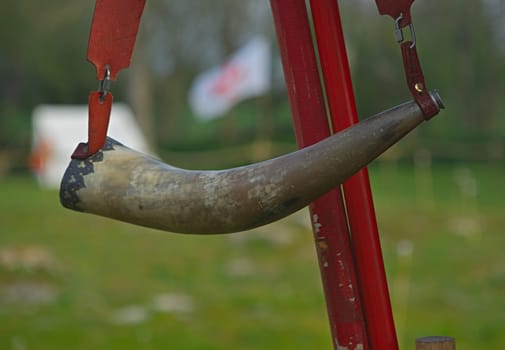 Medieval horn hanging on red rope on grass field