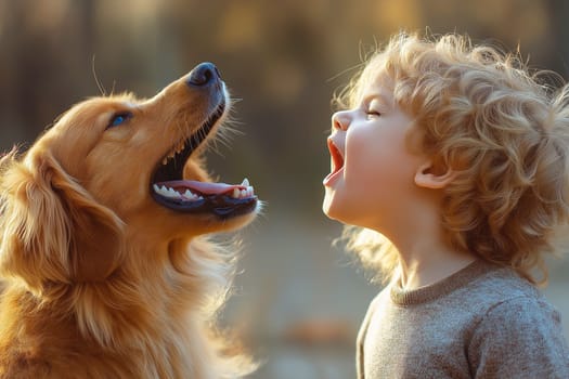 a child and dog are both howling into the sky
