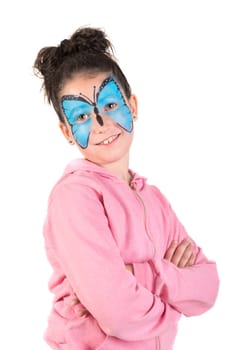 Girl with animal face-paint isolated in white