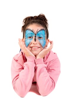 Girl with animal face-paint isolated in white