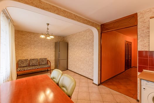 Russia, Moscow- October 10, 2019: interior room apartment modern bright cozy atmosphere. general cleaning, home decoration, preparation of house for sale. kitchen, dining area