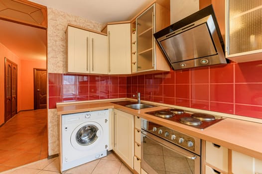 Russia, Moscow- October 10, 2019: interior room apartment modern bright cozy atmosphere. general cleaning, home decoration, preparation of house for sale. kitchen, dining area