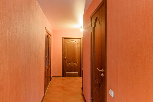 Russia, Moscow- October 10, 2019: interior room apartment modern bright cozy atmosphere. general cleaning, home decoration, preparation of house for sale. room doors, repair corridor