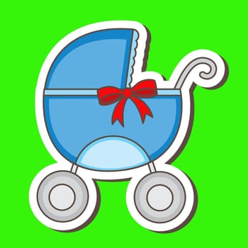 baby carriage pram newborn vinatge illustration boy blue ribbon