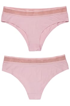 Underwear woman isolated. Close-up of luxurious elegant pink satin lacy panties isolated on a white background. Women underwear fashion. Front and back view.