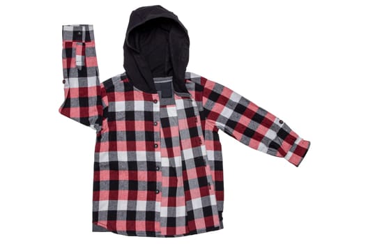 Hoodie isolated. Close-up of a trendy red checkered hoodie shirt with long sleeves for boy isolated on a white background. Childrens spring, autumn and winter fashion.
