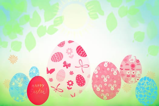 Happy easter card. Abstract light green yellow spring happy easter background with colorful eggs on meadow and bright sunshine. Happy easter text on egg. Copy space. Beautiful tetxure for design.