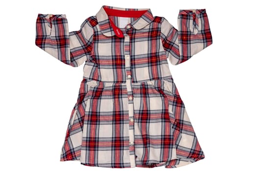 Summer dress isolated. Close-up of a beautiful red white checkered girl dress with lomg sleeves isolated on a white background. Children autumn fashion.