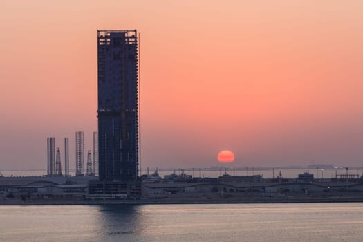 sunset in Dubai seaport. United Arab Emirates