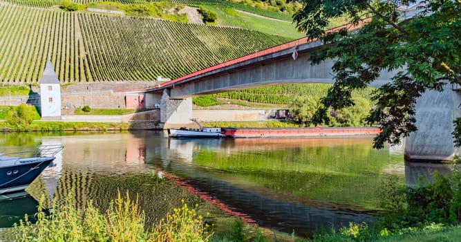 Freight Ship with beautiful bridge in Traben Trabach