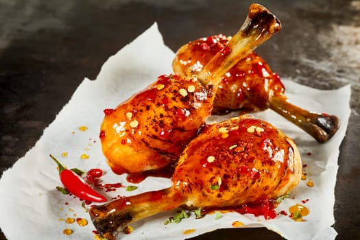 Tasty barbecued chicken legs with hot spicy chili sauce garnished with mixed spices and herbs on crumpled white paper in close up for advertising