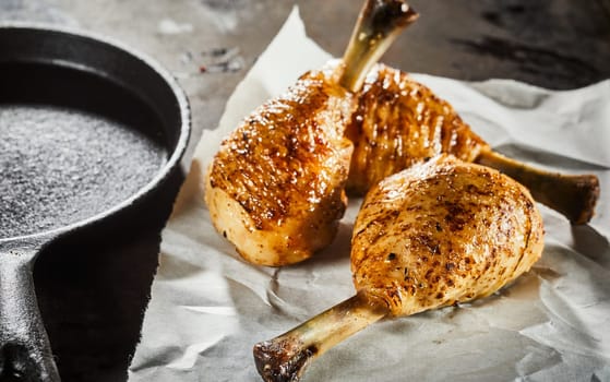 Three spicy seasoned grilled chicken legs on crumpled white paper alongside an old vintage metal skillet