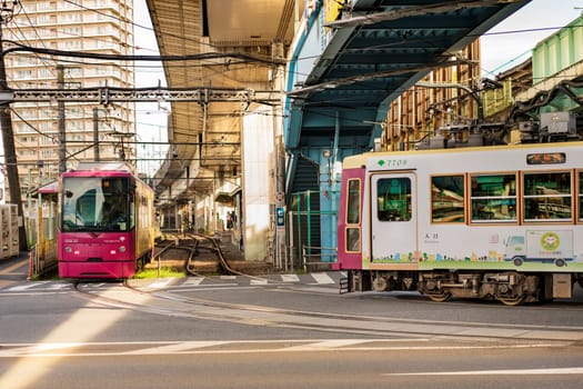 Meiji Avenue with the Ojiekimae station of the Toden Arakawa tram line in the Kita district, north of Tokyo.