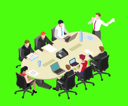 meeting strategy teamworktable group discussing office computer green illustration