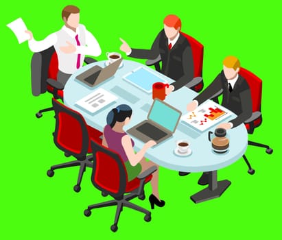 meeting teamwork group table discussing office computer corporate illustration management