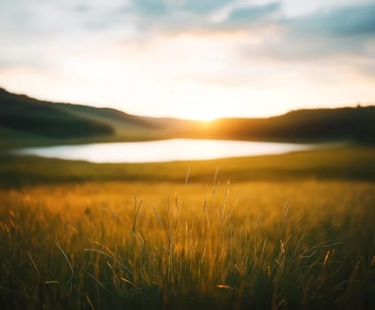 Golden sunset over a tranquil lake. Tall grass sways gently in the breeze, bathed in warm light. Nature's beauty at its finest.