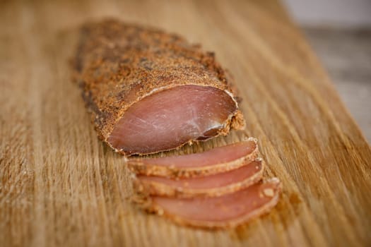 Homemade chicken breast basturma, selective focus
