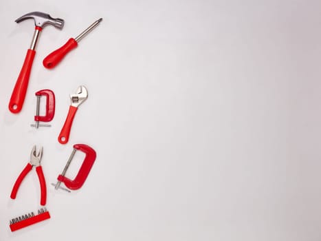 Concept of construction, renovation or repair. Diy. Set of construction tools on white background. Top view with copy space.