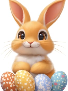 Cute Easter bunny, holding colorful eggs. Springtime celebration.
