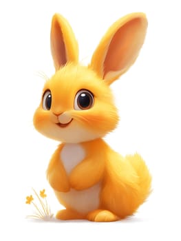 Cute yellow bunny, posing, spring flowers nearby. A cheerful, cartoon character.