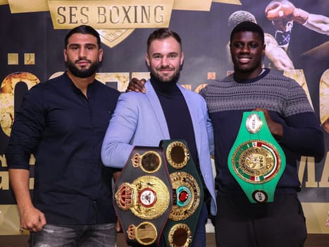 German heavyweight boxer Agit Kabayel WBA, IBO boxing world champion light heavyweight Dominic Bösel, WBC junior world champion Peter Kadiru all SES boxing