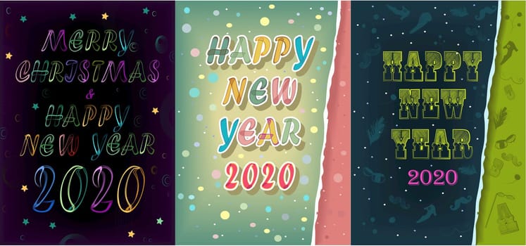 Merry Christmas and Happy New Year 2020. Artistic colorful alphabet with neon effect and retro style. Greeting cards set