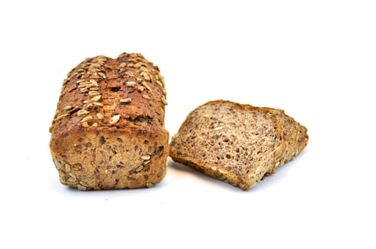 Whole wheat bread with seeds, isolated on white background and slices