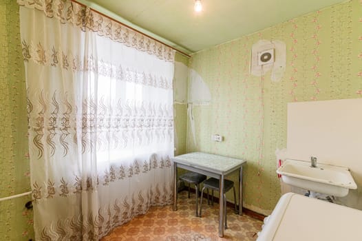 Russia, Moscow- October 17, 2019: interior room apartment decrepit old sloppy non modern setting. cosmetic repairs required