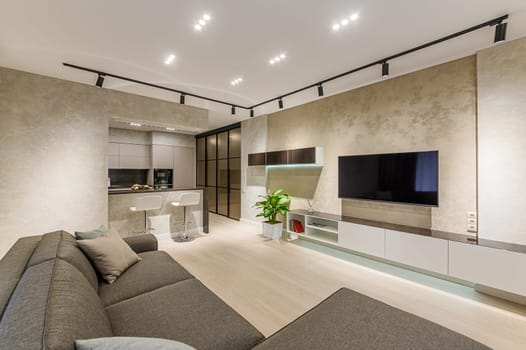Russia, Moscow- October 17, 2019: interior room apartment modern bright cozy atmosphere. general cleaning, home decoration, preparation of house for sale. modern expensive luxury design