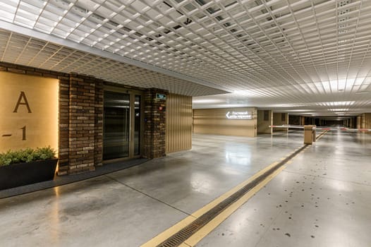 Russia, Moscow- October 17, 2019: interior bright modern car garage underground parking