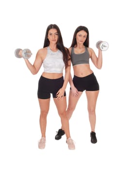 Two young beautiful woman standing in workout outfits in the studio.working out with there dumbbells, isolated for white background.