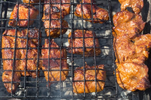 Barbecue grill with meat on nature, outdoor, close up