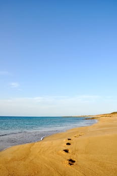 Footprints on sand beach in the morning during summer vacation in Cyprus