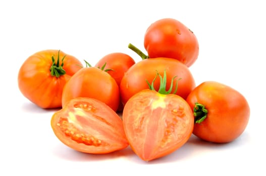 Fresh organic homegrown tomatoes on white background