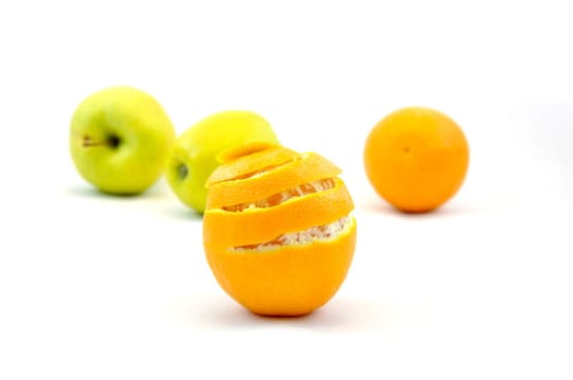 Ripe orange and apple isolated on white background