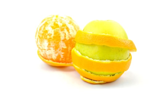 Ripe orange and apple isolated on white background