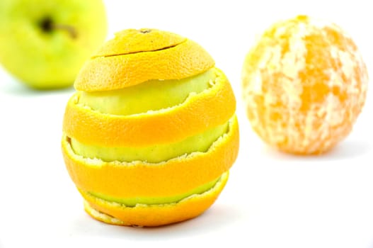 Ripe orange and apple isolated on white background
