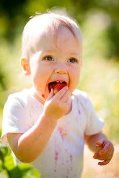 Happiness - cute baby eating strawberries, outdoor in garden