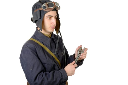 soviet tank driver with wrench on the white background
