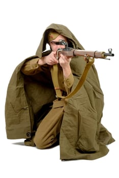 Soviet sniper with his rifle on the white background