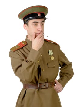 young Soviet officer during World War II on white