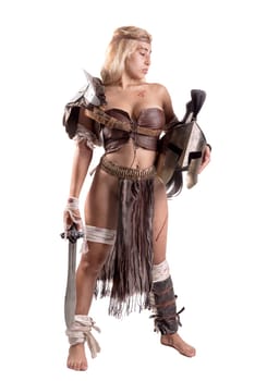 Ancient woman warrior or Gladiator posing with sword and shield, isolated in white