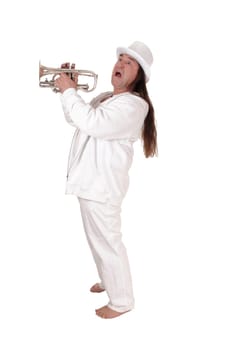 A middle age indigenous man standing in a white outfit and white hat.playing his trumpet with his long hair, isolated for white background.
