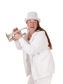 A middle age indigenous man standing in a white outfit and white hat.holding his trumpet with his long hair, isolated for white background.